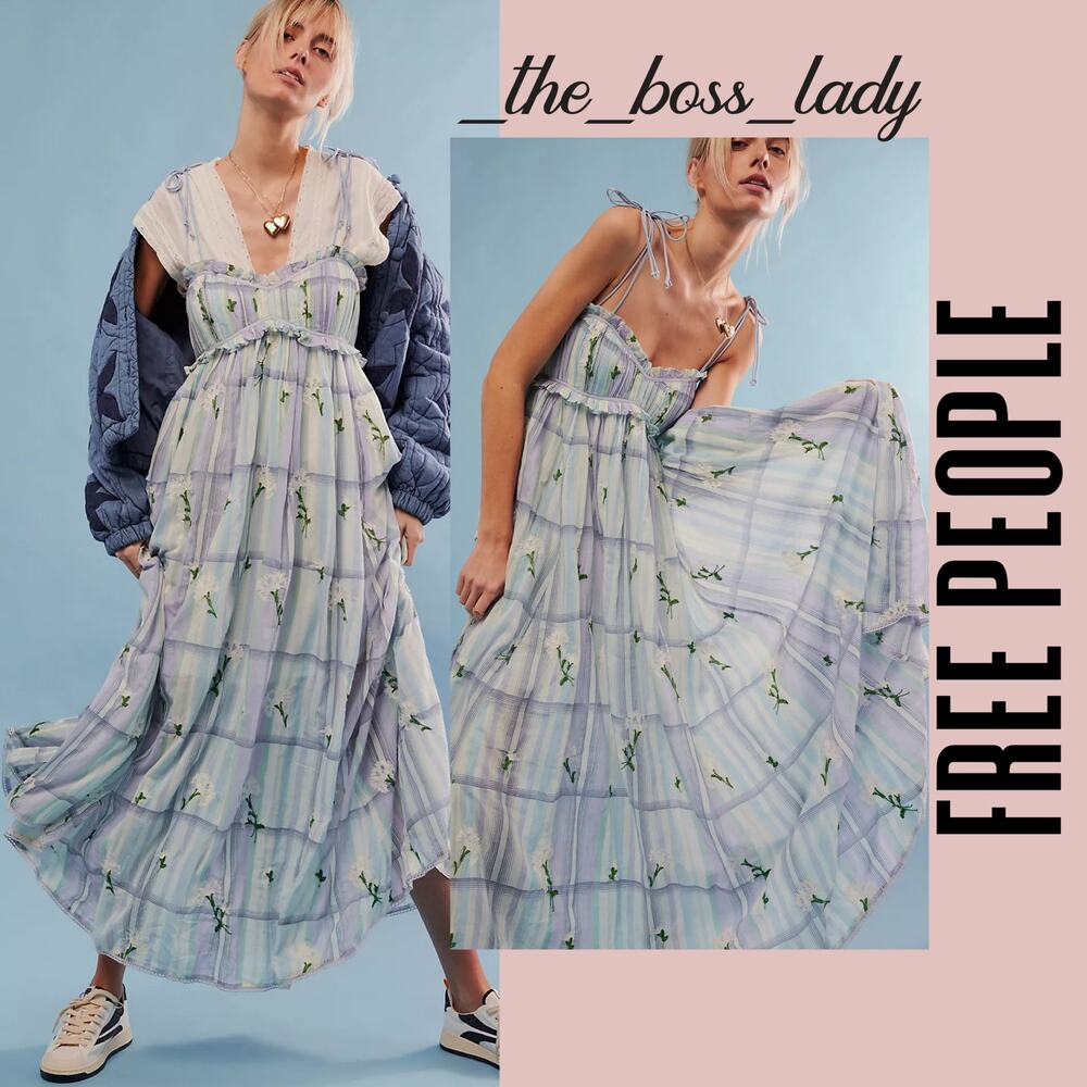 Free People Lavender Plaid Floral Tiered Maxi Dress